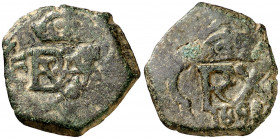 1658. Felipe IV. MD (Madrid). (AC. 522). Resello de valor II sobre cospel recortado o virgen. El resello ocupa toda la moneda. 2,87 g. MBC-.