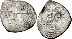 1659. Felipe IV. Potosí. E. 2 reales. (AC. 927). Doble fecha, una parcial. 5,76 g. BC+.