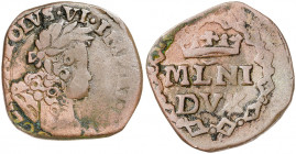 (1726-1736). Carlos III, Pretendiente. Milán. 1 quattrino. (Vti. falta) (MIR. 407). Con el título de Carlos VI. 1,73 g. BC+/MBC-.