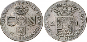 1709. Felipe V. Namur. 2 liards. (Vti. 58) (Vanhoudt 747 Namur). Acuñada sobre otra moneda. 7,67 g. (MBC).