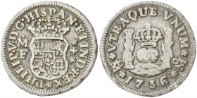1736. Felipe V. México. MF. 1/2 real. (AC. 257). Columnario. 1,59 g. MBC-/BC+.