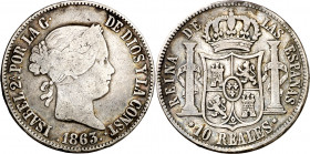 1863. Isabel II. Sevilla. 10 reales. (AC. 561). Escasa. 12,72 g. BC/BC+.