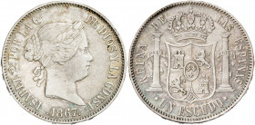 1867. Isabel II. Madrid. 1 escudo. (AC. 565). 12,89 g. MBC-/MBC.