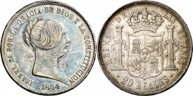 1854. Isabel II. Madrid. 20 reales. (AC. 596). Rayitas. Pátina. 26,19 g. MBC-.