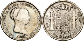 1855. Isabel II. Madrid. 20 reales. (AC. 597). Golpecitos. 25,41 g. BC/BC+.