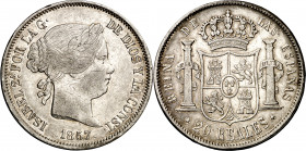1857/6. Isabel II. Madrid. 20 reales. (AC. 613). 25,75 g. MBC+.