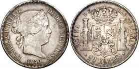 1859. Isabel II. Madrid. 20 reales. (AC. 616). 25,49 g. MBC-.