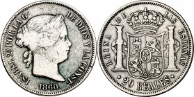 1860. Isabel II. Madrid. 20 reales. (AC. 617). 25,53 g. BC+/MBC-.