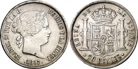 1857. Isabel II. Sevilla. 20 reales. (AC. 634). Golpecito. 25,85 g. MBC+.