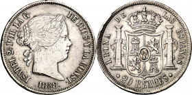 1858. Isabel II. Sevilla. 20 reales. (AC. 635). Golpes en canto. 25,86 g. (MBC/MBC+).
