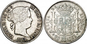 1862. Isabel II. Sevilla. 20 reales. (AC. 641). 25,85 g. MBC-.