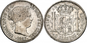 1867. Isabel II. Madrid. 2 escudos. (AC. 647). Golpecitos. 25,77 g. (MBC+).