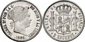 1868*1868. Isabel II. Madrid. 2 escudos. (AC. 648). Limpiada. Rayitas. 25,77 g. MBC/MBC+.