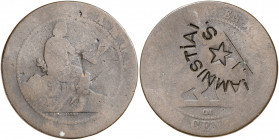 (1870). Gobierno Provisional. Barcelona. OM. 10 céntimos. Contramarca política: !AMNISTIA! / JS. 9,08 g. BC.