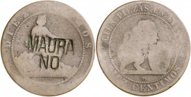 (1870). Gobierno Provisional. Barcelona. OM. 10 céntimos. Contramarca política: MAURA / NO. 9,54 g. BC.