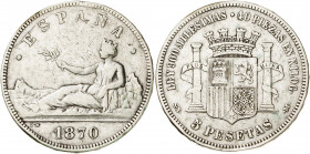 1870*1870. Gobierno Provisional. SNM. 5 pesetas. (AC. 39). Golpecitos. 24,69 g. BC+.