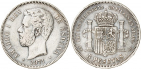 1871*1871. Amadeo I. DEM. 5 pesetas. (AC. 1). Rayitas. 24,96 g. BC+/MBC-.
