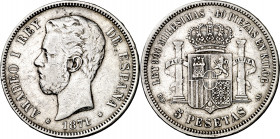 1871*1873. Amadeo I. DEM. 5 pesetas. (AC. 3). Rara. 24,76 g. BC+.
