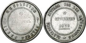 1873. Revolución Cantonal. Cartagena. 5 pesetas. (AC. 7). Coincidente, 80 perlas en anverso y 85 en reverso. Escasa. 28,31 g. MBC-.
