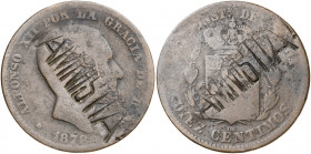 1878. Alfonso XII. Barcelona. OM. 10 céntimos. Doble resello AMNISTIA en anverso y reverso. 9,10 g. BC.