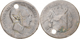 1878. Alfonso XII. Barcelona. OM. 10 céntimos. Contramarca política: hoz y martillo dentro de estrella de cinco puntas. Perforación. 9 g. BC.