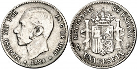 1884*----. Alfonso XII. MSM. 1 peseta. (AC. 23). Rara. 4,84 g. BC+.