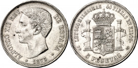 1875*1875. Alfonso XII. DEM. 5 pesetas. (AC. 35). Leves rayitas. Buen ejemplar. 24,92 g. MBC+.
