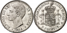 1876*1876. Alfonso XII. DEM. 5 pesetas. (AC. 37). Impurezas. 24,71 g. MBC+/EBC-.