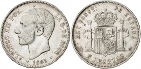 1885*1887. Alfonso XII. MPM. 5 pesetas. (AC. 62). 24,77 g. BC+/MBC-.