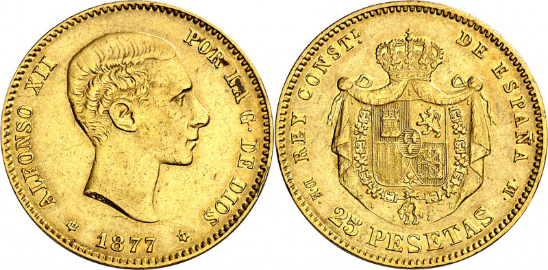 1877*1877. Alfonso XII. DEM. 25 pesetas. (AC. 68). Golpecitos. 8,02 g. MBC+.