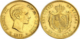 1877*1877. Alfonso XII. DEM. 25 pesetas. (AC. 68). Golpecitos. 8,02 g. MBC+.