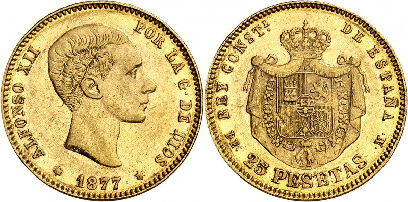 1877*1-7-. Alfonso XII. DEM. 25 pesetas. (AC. 68). Rayas. 8,06 g. MBC+.