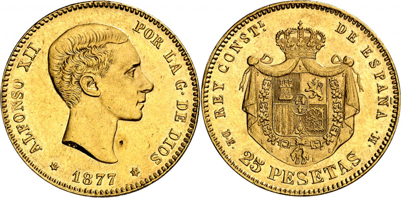 1877*1877. Alfonso XII. DEM. 25 pesetas. (AC. 68). Punzonada en anverso. Golpeci...