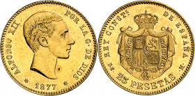 1877*1877. Alfonso XII. DEM. 25 pesetas. (AC. 68). Punzonada en anverso. Golpecitos. 8,07 g. EBC-.