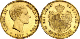 1877*1-77. Alfonso XII. DEM. 25 pesetas. (AC. 68). Rayitas. 8,04 g. EBC-.