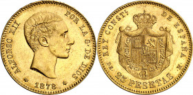 1878*1878. Alfonso XII. DEM. 25 pesetas. (AC. 70). Rayitas. 8,04 g. EBC-.