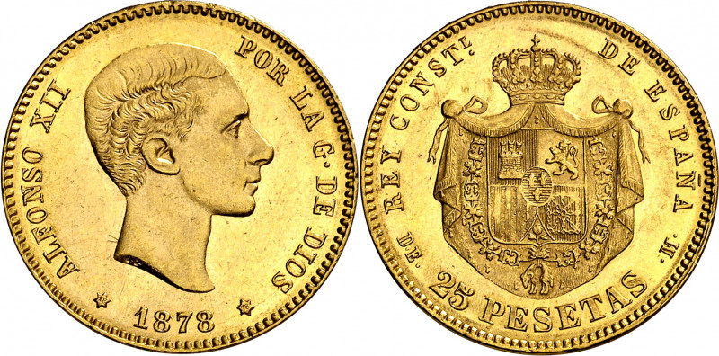 1878*1878. Alfonso XII. DEM. 25 pesetas. (AC. 70). Golpecitos. Parte de brillo o...
