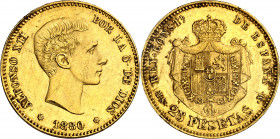 1880*1880. Alfonso XII. MSM. 25 pesetas. (AC. 79). Golpe en canto. Rayita. 8,08 g. MBC+.