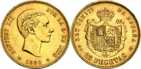 1880*1880. Alfonso XII. MSM. 25 pesetas. (AC. 79). Golpecitos. 8,04 g. MBC+.