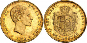 1880*1880. Alfonso XII. MSM. 25 pesetas. (AC. 79). Golpecitos. Parte de brillo original. 8,06 g. EBC-/EBC.