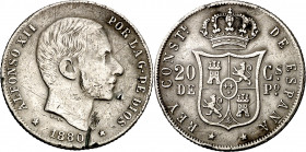 1880. Alfonso XII. Manila. 20 centavos. (AC. 103). Rayas y golpecitos. Rara. 4,95 g. (MBC-).