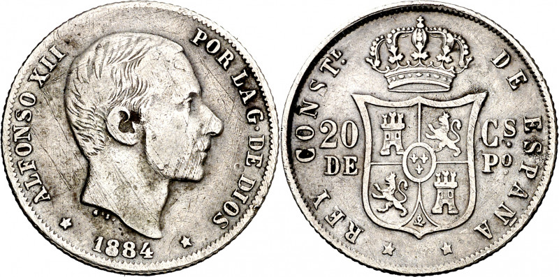 1884. Alfonso XII. Manila. 20 centavos. (AC. 110). Rayitas. Escasa. 4,91 g. MBC-...