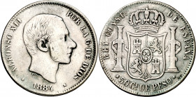 1884. Alfonso XII. Manila. 50 centavos. (AC. 121). Limpiada. Escasa. 12,49 g. BC+.