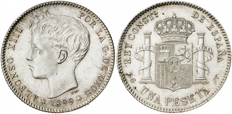 1899*18--. Alfonso XIII. SGV. 1 peseta. (AC. 57). Mínimas marquitas. Parte de br...