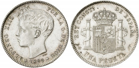 1899*18--. Alfonso XIII. SGV. 1 peseta. (AC. 57). Mínimas marquitas. Parte de brillo original. 4,80 g. EBC-.