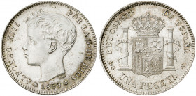1899*1899. Alfonso XIII. SGV. 1 peseta. (AC. 57). Mínimas marquitas. Parte de brillo original. 5,07 g. EBC-/EBC.