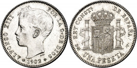 1902*1902. Alfonso XIII. SMV. 1 peseta. (AC. 64). Limpiada. Escasa. 5 g. EBC.