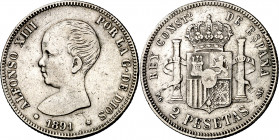 1891*--91. Alfonso XIII. PGM. 2 pesetas. (AC. 84). Escasa. 9,97 g. MBC-/BC+.