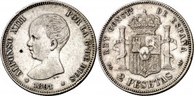 1891*1891. Alfonso XIII. PGM. 2 pesetas. (AC. 84). Rara así. 9,96 g. MBC/MBC-.
