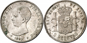1892*1892. Alfonso XIII. PGM. 2 pesetas. (AC. 85). Golpecitos. 9,96 g. MBC+/MBC.